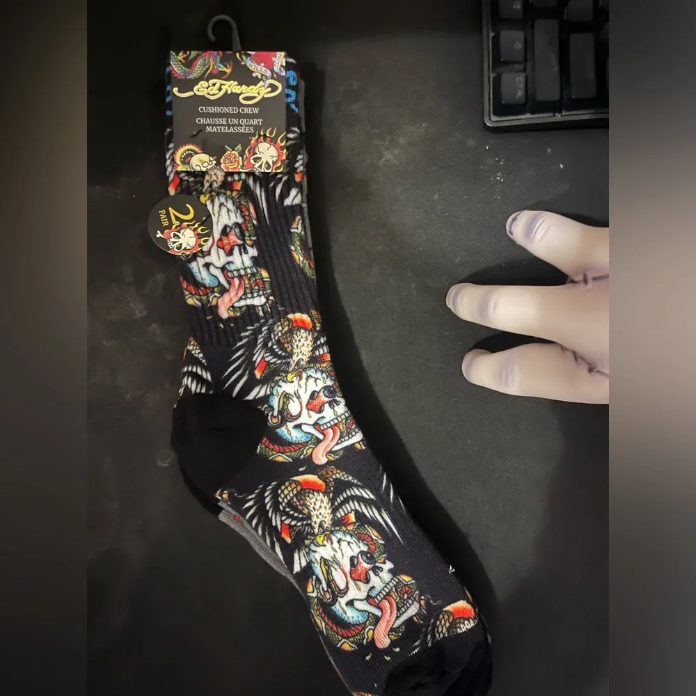 Ed Hardy Gray Crew Socks with Skull, Red Heart & Flame Graphics